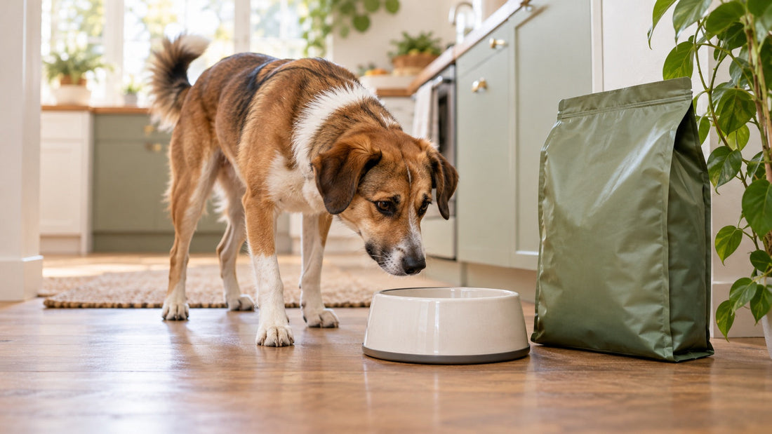 Curious dog investigating its food bowl in a bright kitchen