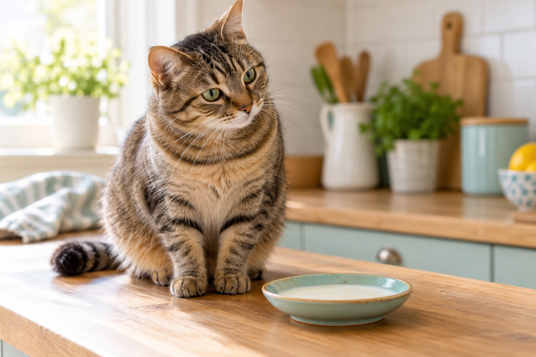 Adult tabby cat sitting beside a saucer of milk in a bright kitchen