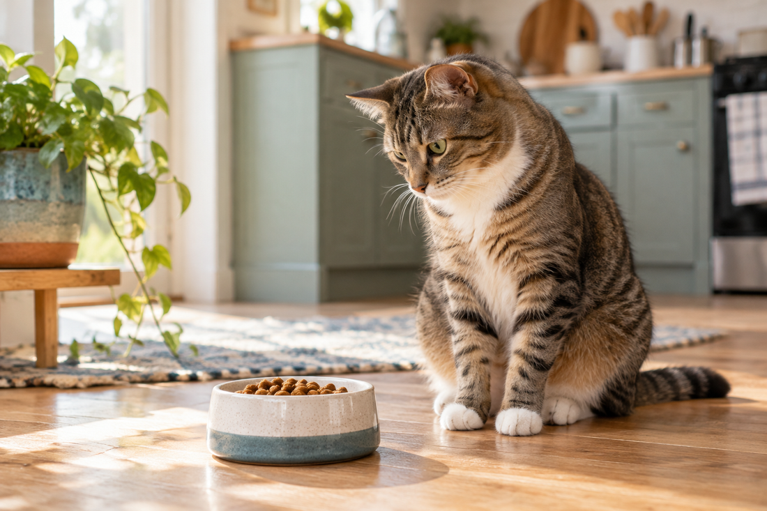 Tabby cat sitting beside a ceramic food bowl in a bright home kitchen
