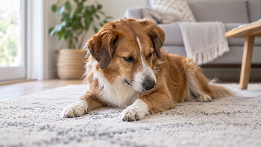 Dog resting indoors and looking towards its front paws