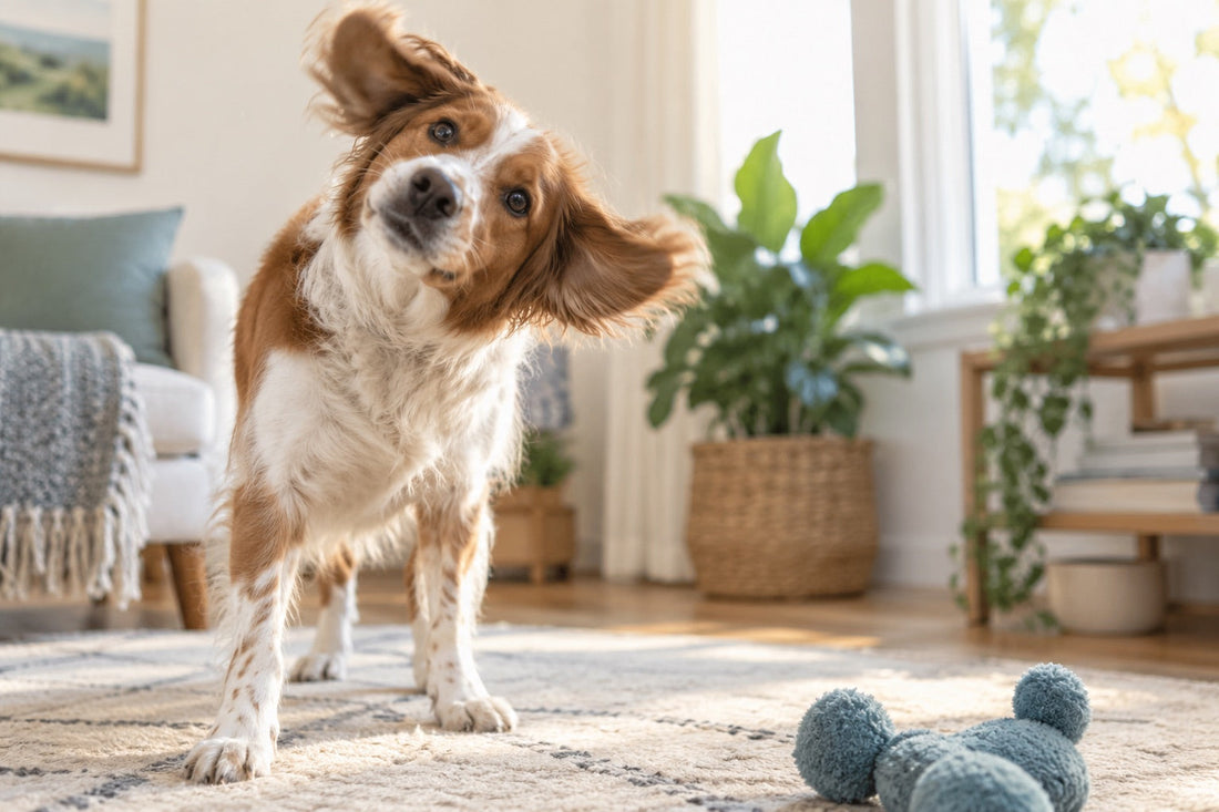 Happy dog shaking its head in a bright home